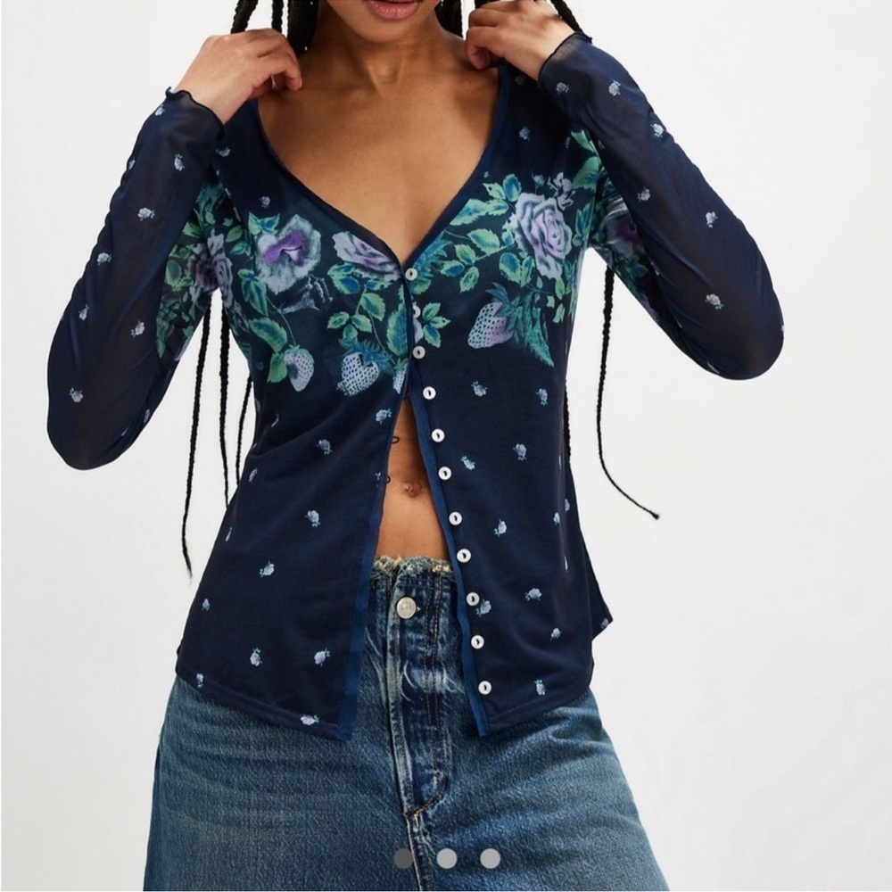 FREE PEOPLE Home Grown Floral Navy Button-Up Women's Mesh Cardigan